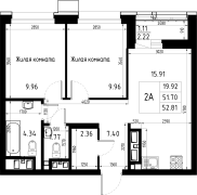 2-комнатная, 52.81м²