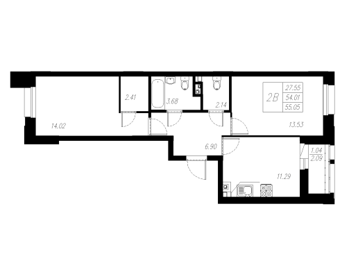 2-комнатная,55.05 м² в ЖК Статный