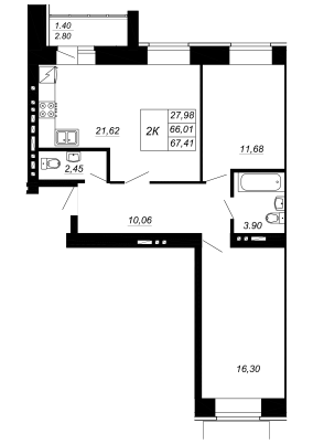 2-комнатная,67.41 м² в ЖК Радужный-2