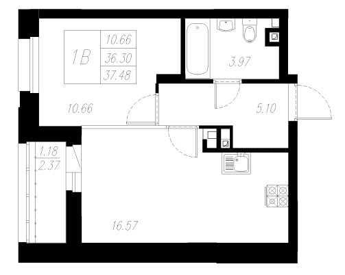 1-комнатная,37.48 м² в ЖК Статный