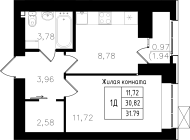 1-комнатная, 31.79м²
