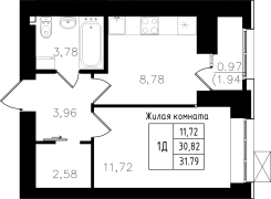 1-комнатная, 31.79м²