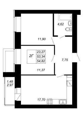 2-комнатная,54.82 м² в ЖК Радужный-2