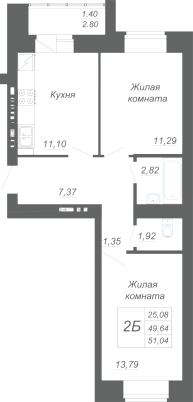 2-комнатная,51.04 м² в ЖК Радужный-2