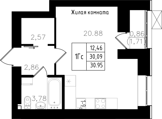 1-комнатная,30.95 м² в ЖК Династия