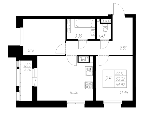 2-комнатная,54.92 м² в ЖК Статный