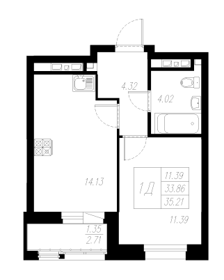 1-комнатная,35.21 м² в ЖК Статный