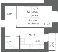 1-комнатная, 34.64м²