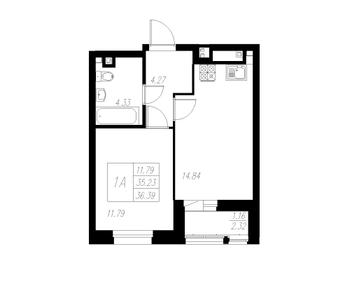 1-комнатная,36.39 м² в ЖК Статный