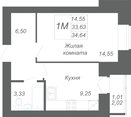 1-комнатная,34.64 м² в ЖК Радужный-2