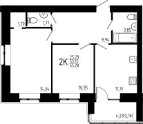 2-комнатная, 55.28м²