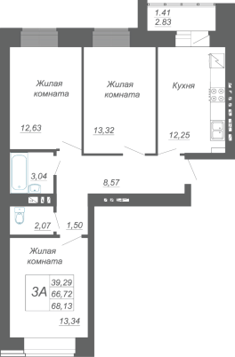 3-комнатная,68.13 м² в ЖК Радужный-2