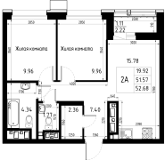 2-комнатная, 52.68м²
