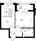 1-комнатная, 40.54м²