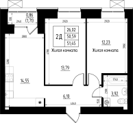 2-комнатная, 51.45м²