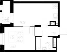 1-комнатная, 36.13м²