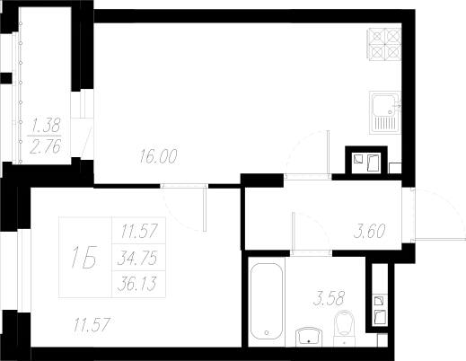 1-комнатная,36.13 м² в ЖК Статный