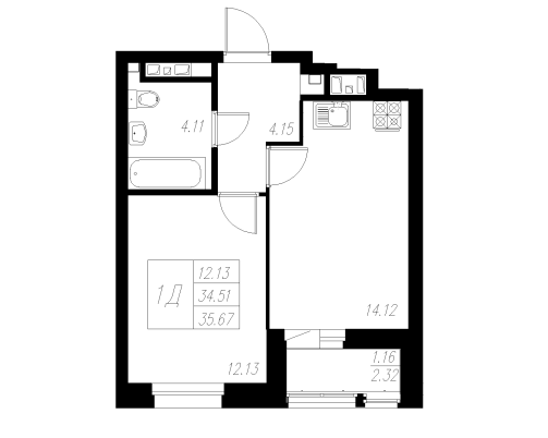 1-комнатная,35.67 м² в ЖК Статный