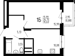 1-комнатная, 35.63м²