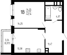 1-комнатная, 42.14м²