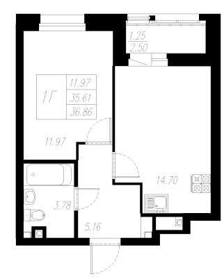 1-комнатная,36.86 м² в ЖК Статный