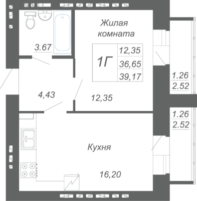1-комнатная,39.17 м² в ЖК Радужный-2