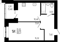 1-комнатная, 38.41м²