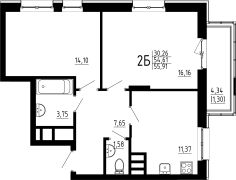 2-комнатная, 55.91м²