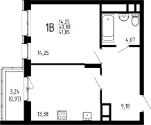 1-комнатная, 41.85м²