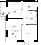 2-комнатная, 52.3м²