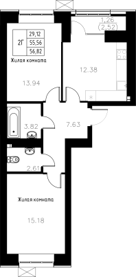 2-комнатная,56.82 м² в ЖК Династия