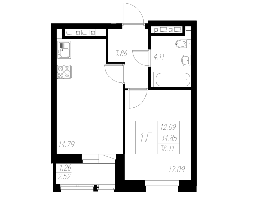 1-комнатная,36.11 м² в ЖК Статный