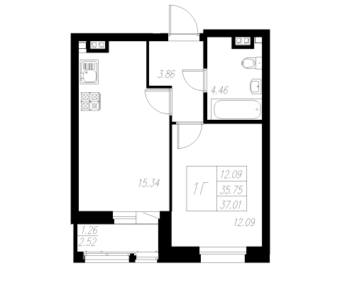 1-комнатная,37.01 м² в ЖК Статный