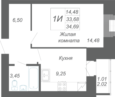 1-комнатная,34.69 м² в ЖК Радужный-2