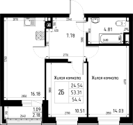 2-комнатная, 54.4м²