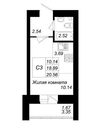 1-комнатная,20.56 м² в ЖК Радужный-2