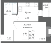 1-комнатная, 34.71м²
