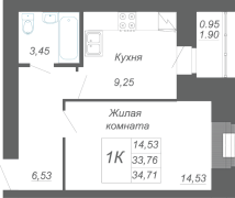 1-комнатная, 34.71м²