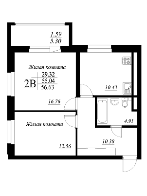 2-комнатная,56.63 м² в ЖК Родина