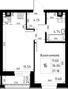 1-комнатная, 37.18м²