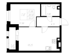 1-комнатная, 39.97м²