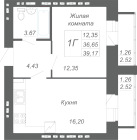 1-комнатная, 39.17м²