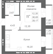 1-комнатная, 39.17м²