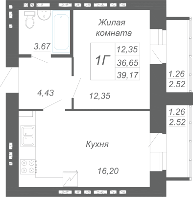 1-комнатная,39.17 м² в ЖК Радужный-2