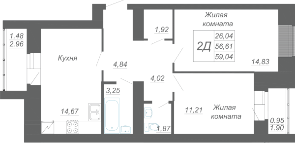 2-комнатная,59.04 м² в ЖК Радужный-2