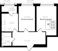 2-комнатная, 56.58м²