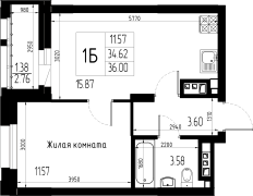 1-комнатная, 36м²