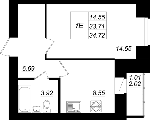 1-комнатная,34.72 м² в ЖК Радужный-2