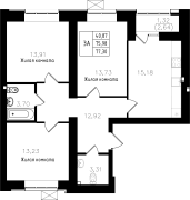 3-комнатная, 77.3м²