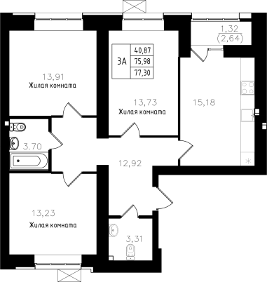 3-комнатная,77.3 м² в ЖК Династия